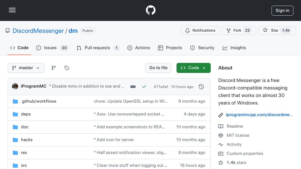 Screenshot of github.com: Discord client that works on Win95*, Win98 and above