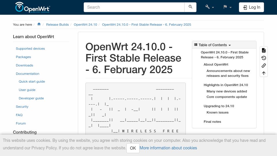 Screenshot of openwrt.org: OpenWrt 24.10.0 – First Stable Release