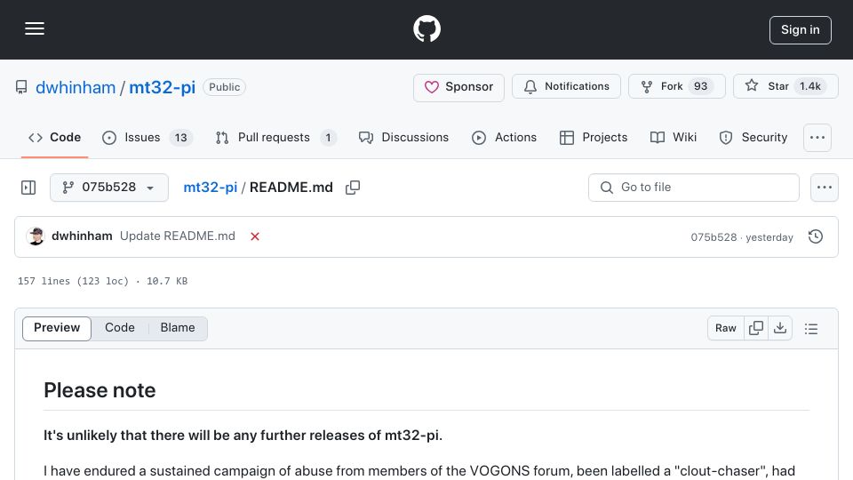 Screenshot of github.com: It's unlikely that there will be any further releases of mt32-pi