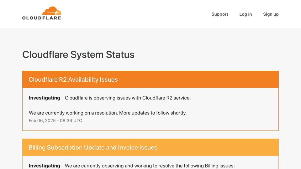 Screenshot of cloudflarestatus.com: Cloudflare R2 Global Outage