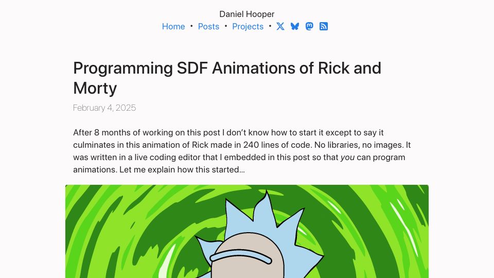 Screenshot of danielchasehooper.com: Programming SDF animations of Rick and Morty