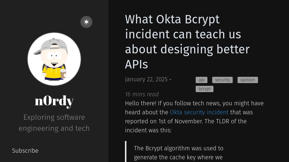 Screenshot of n0rdy.foo: Okta Bcrypt incident lessons for designing better APIs