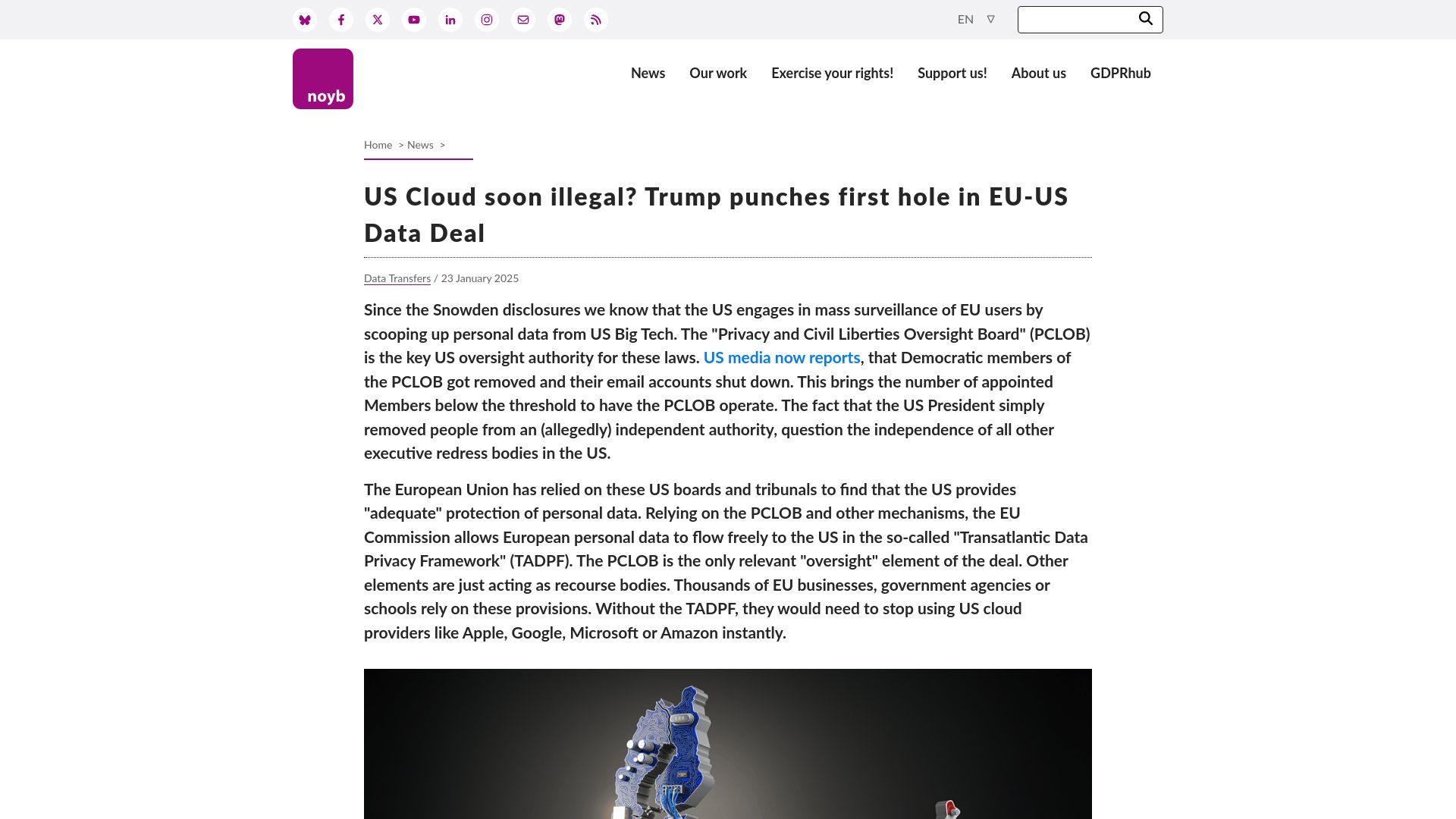 Screenshot of noyb.eu: US Cloud soon illegal in EU? US punches first hole in EU-US Data Deal