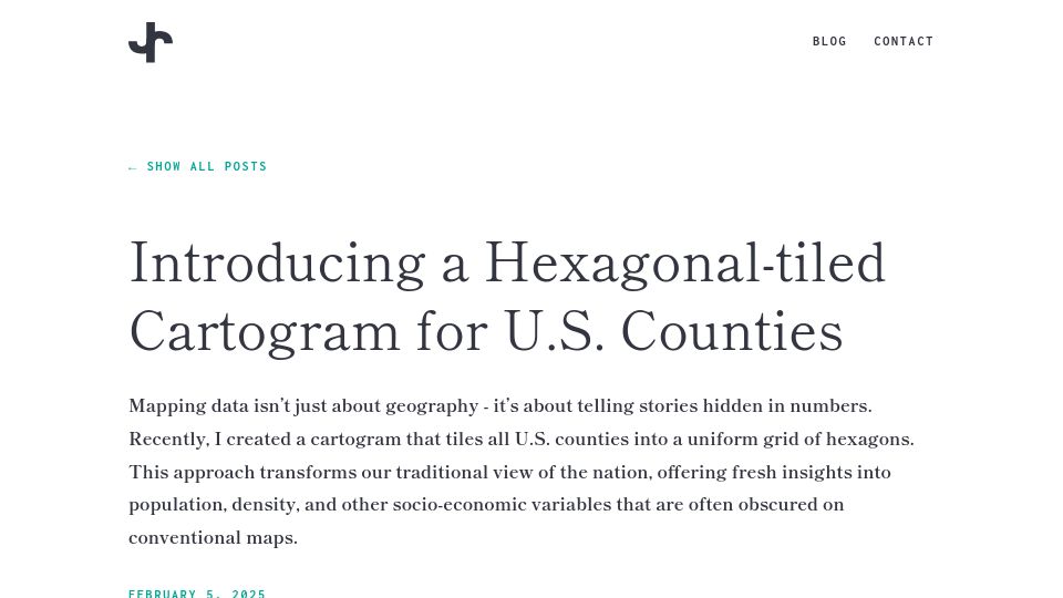 Screenshot of jordanroga.com: A hexagonal-tiled cartogram for U.S. counties