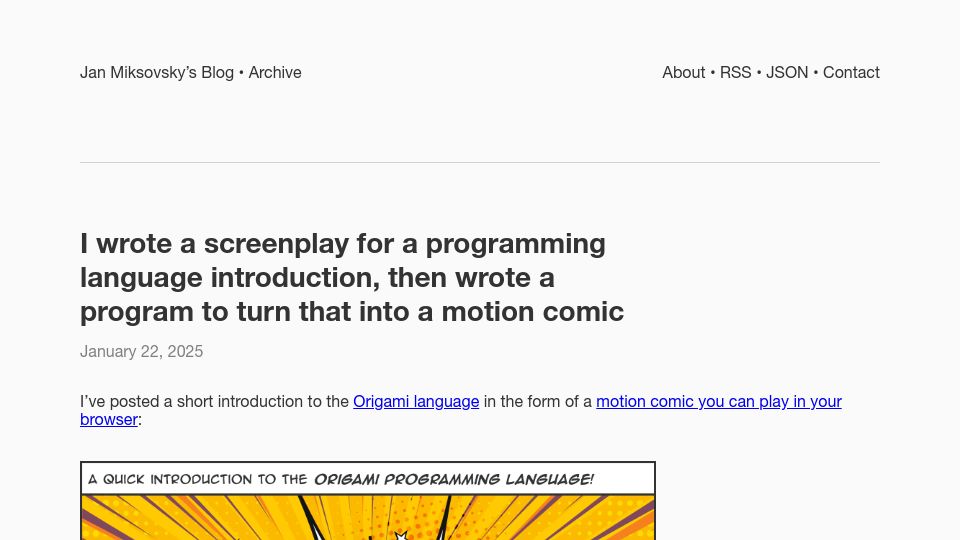 Screenshot of jan.miksovsky.com: I wrote a screenplay for a programming language introduction