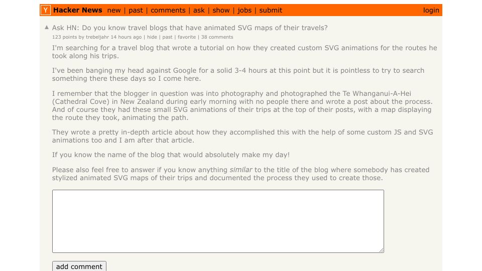Screenshot of Hacker News post: Ask HN: Do you know travel blogs that have animated SVG maps of their travels?