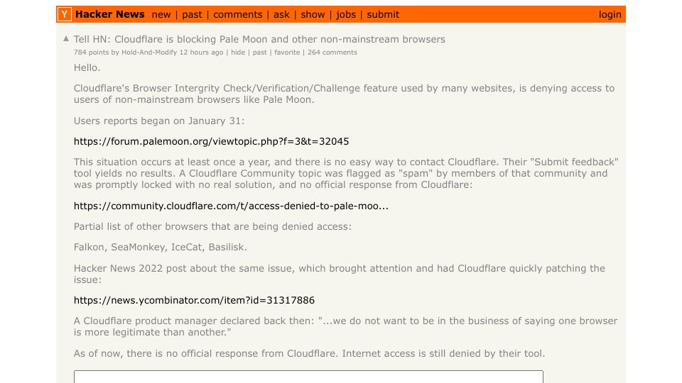 Screenshot of Hacker News post: Tell HN: Cloudflare is blocking Pale Moon and other non-mainstream browsers