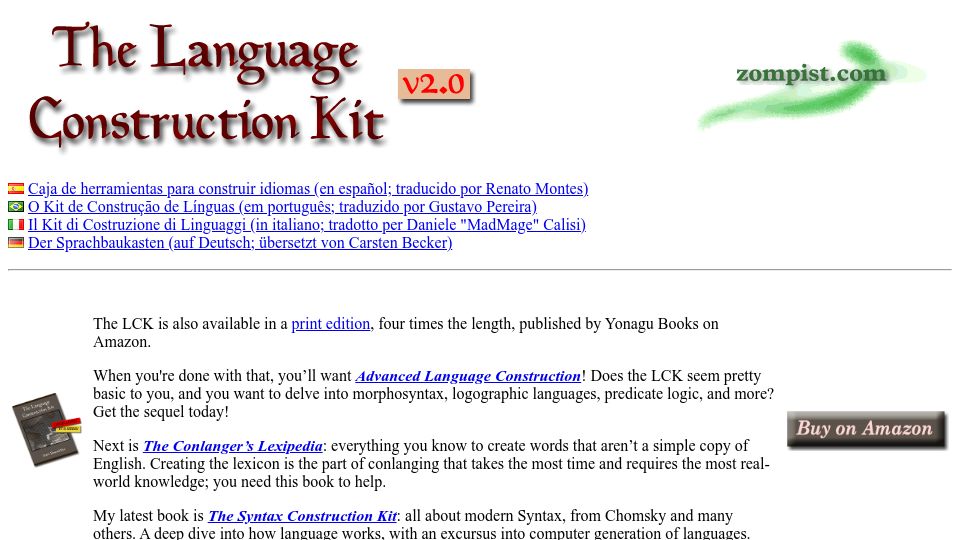 Screenshot of zompist.com: The Language Construction Kit (1996, 2012)
