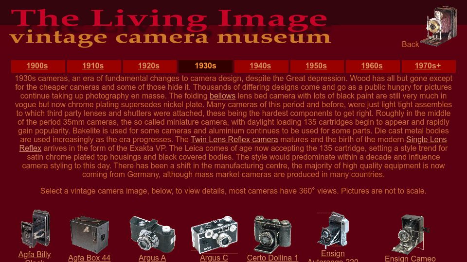 Screenshot of licm.org.uk: Cameras of 1930s Era