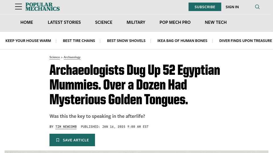 Screenshot of popularmechanics.com: Excavated: 52 Egyptian Mummies. Over a Dozen Had Mysterious Golden Tongues