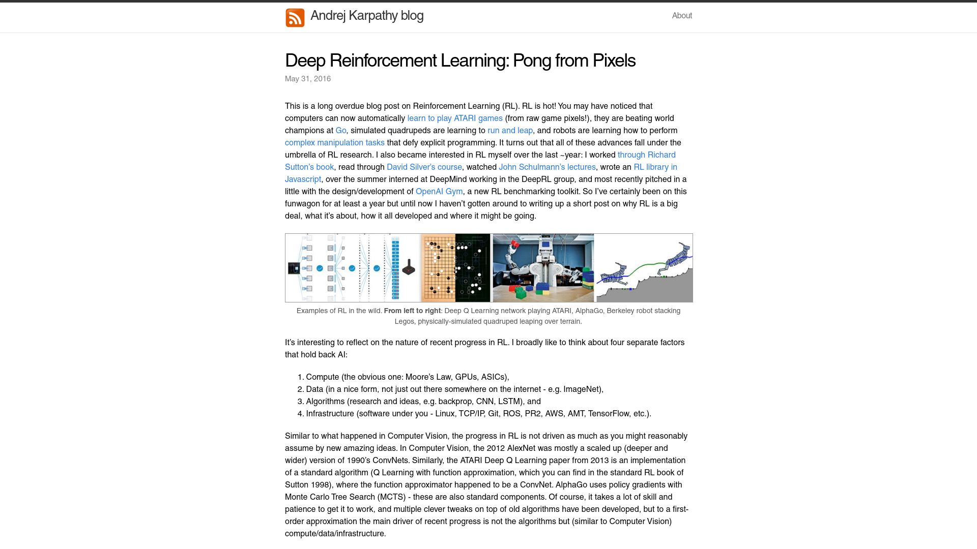 Screenshot of karpathy.github.io: Deep Reinforcement Learning: Pong from Pixels (2016)