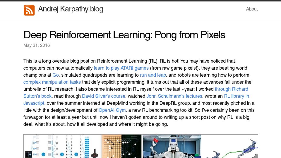 Screenshot of karpathy.github.io: Deep Reinforcement Learning: Pong from Pixels (2016)