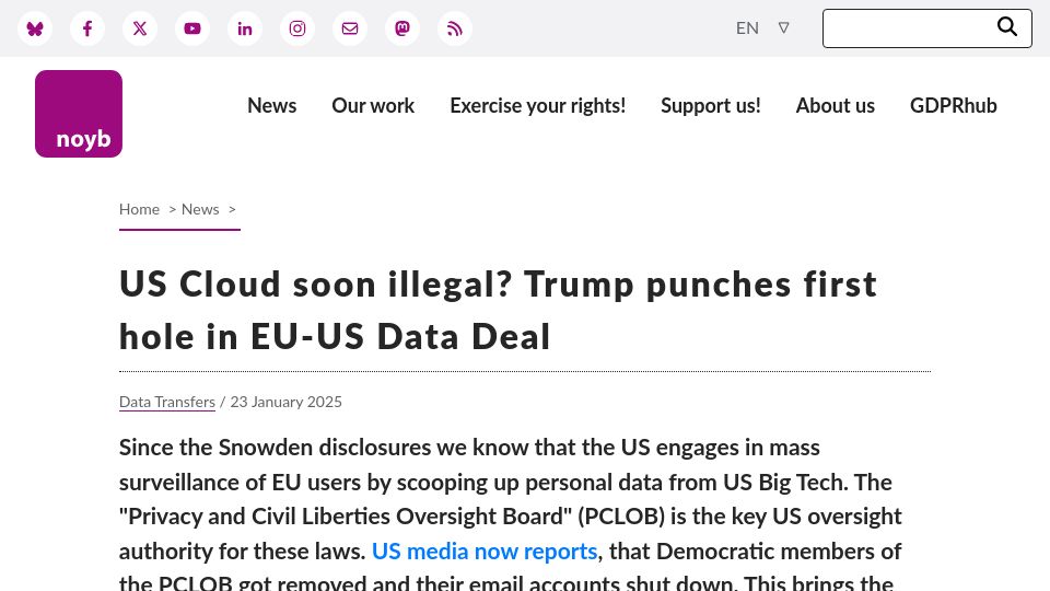Screenshot of noyb.eu: US Cloud soon illegal in EU? US punches first hole in EU-US Data Deal