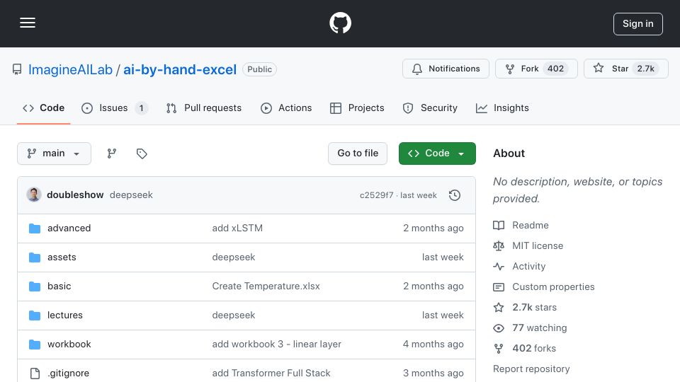 Screenshot of github.com: AI by Hand Exercises in Excel