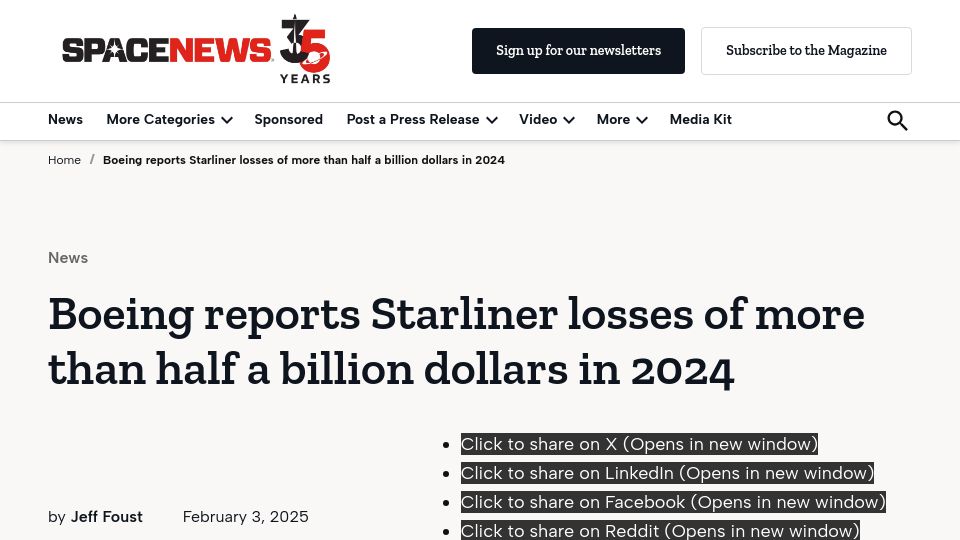Screenshot of spacenews.com: Boeing reports Starliner losses of more than half a billion dollars in 2024