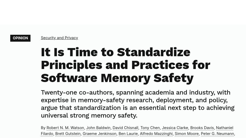 Screenshot of cacm.acm.org: It is time to standardize principles and practices for software memory safety