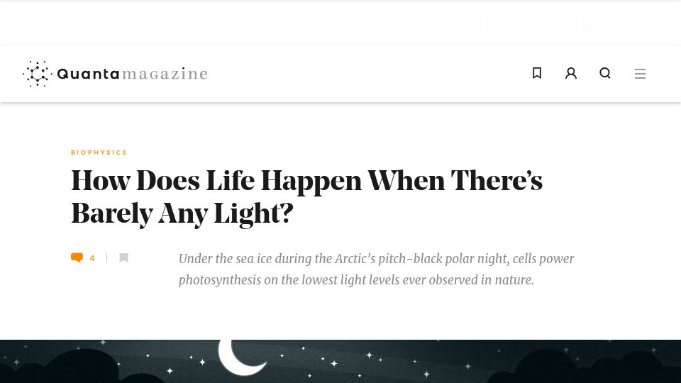 Screenshot of quantamagazine.org: Biophysics: How Does Life Happen When There's Barely Any Light?