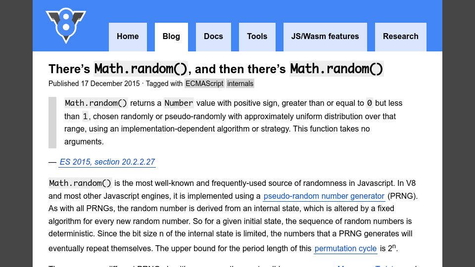 Screenshot of v8.dev: There's Math.random(), and then there's Math.random() (2015)