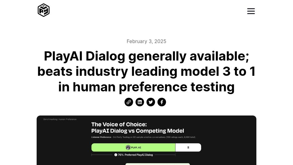 Screenshot of play.ht: PlayAI's new Dialog model achieves 3:1 preference in human evals