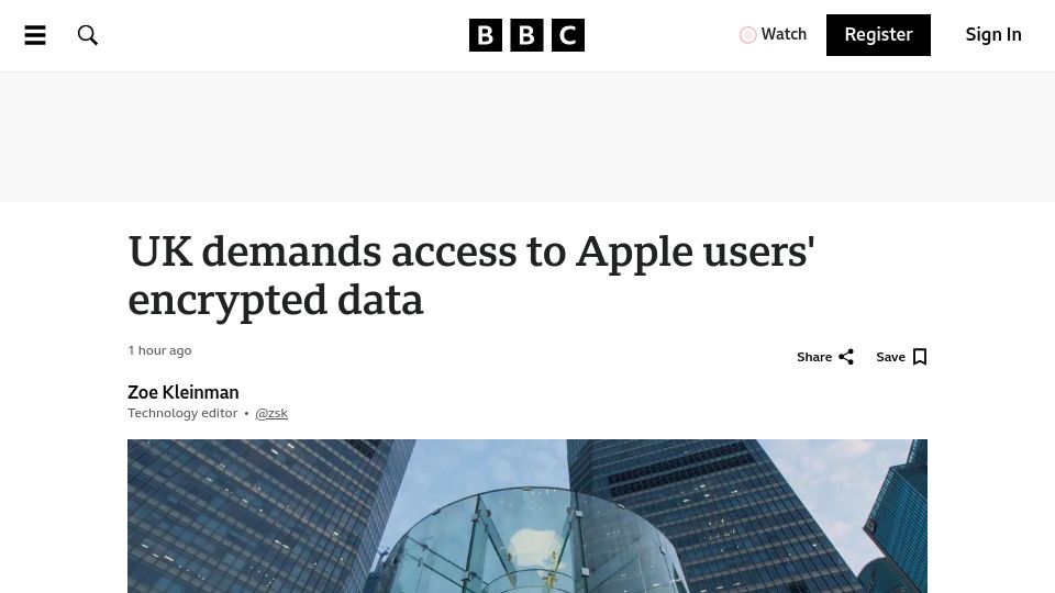 Screenshot of bbc.co.uk: UK demands access to Apple users' encrypted data