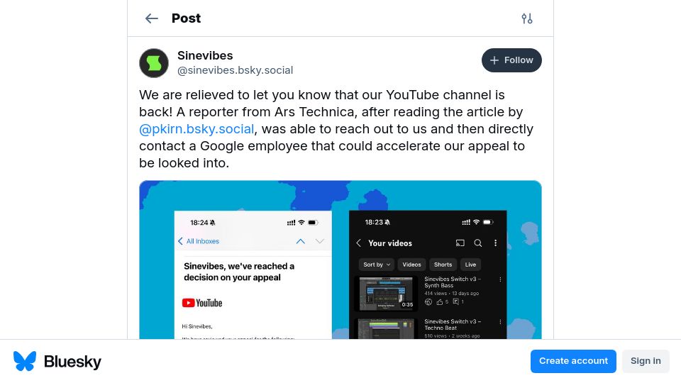 Screenshot of bsky.app: YouTube restores SineVibes channel after Peter Kirn & Ars Technica get involved