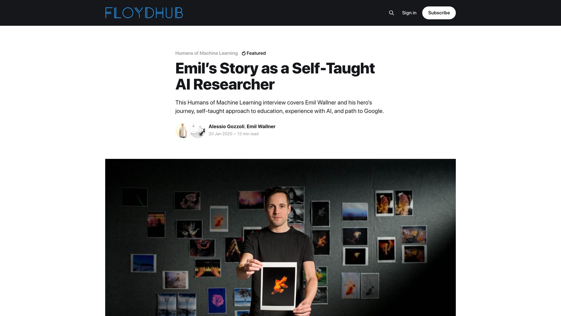 Screenshot of floydhub.ghost.io: Emil's Story as a Self-Taught AI Researcher (2020)
