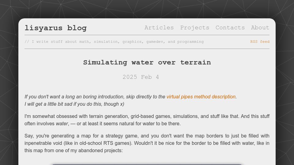 Screenshot of lisyarus.github.io: Simulating water over terrain