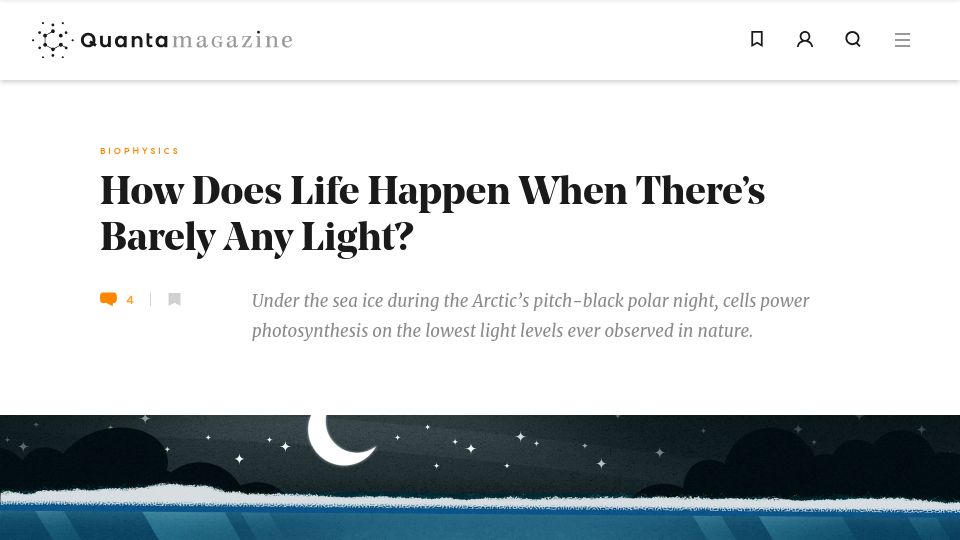 Screenshot of quantamagazine.org: How does life happen when there's barely any light?