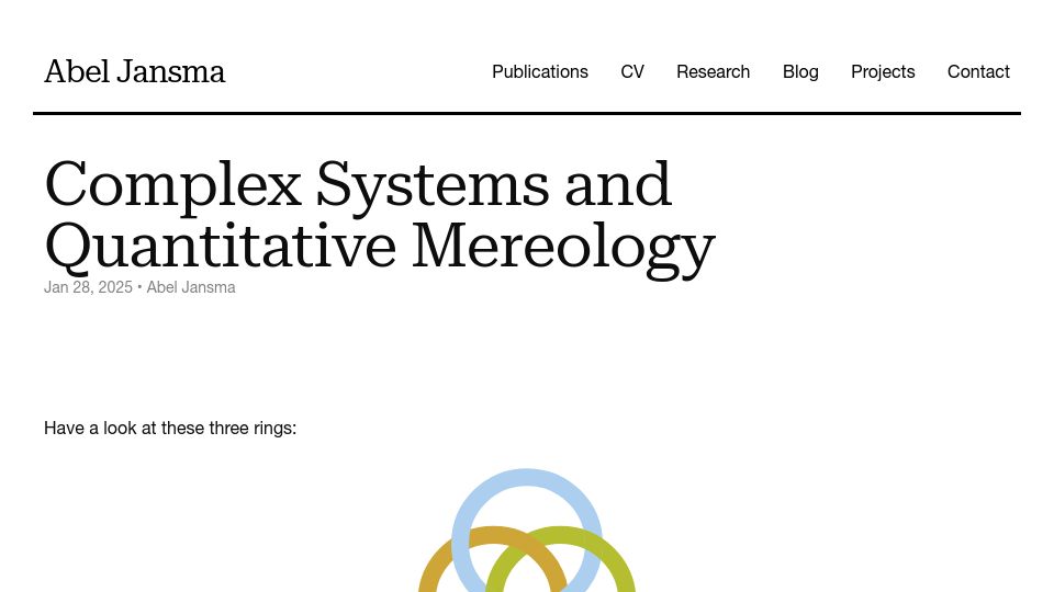 Screenshot of abeljansma.nl: Complex Systems and Quantitative Mereology