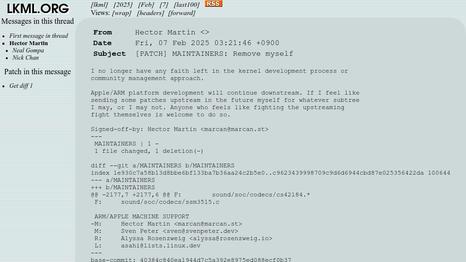 Screenshot of lkml.org: Asahi Linux lead developer Hector Martin resigns from Linux kernel