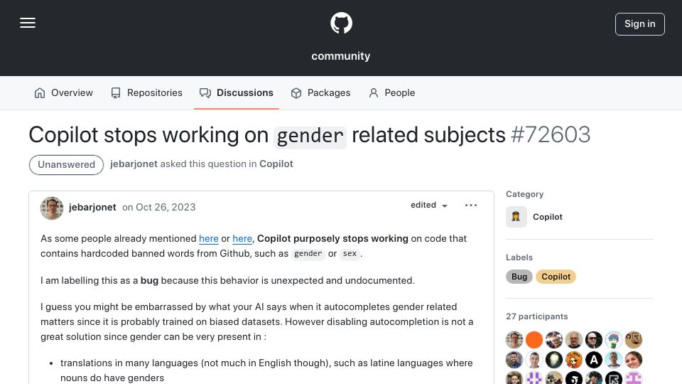 Screenshot of github.com: Copilot stops working on code that contains hardcoded banned words from GitHub