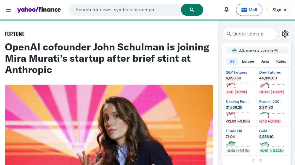Screenshot of finance.yahoo.com: OpenAI cofounder John Schulman is joining Mira Murati's startup