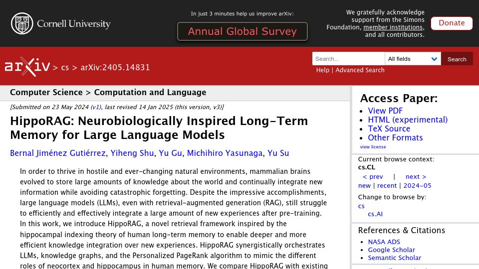 Screenshot of arxiv.org: HippoRAG: Neurobiologically Inspired Long-Term Memory for LLMs (2024)