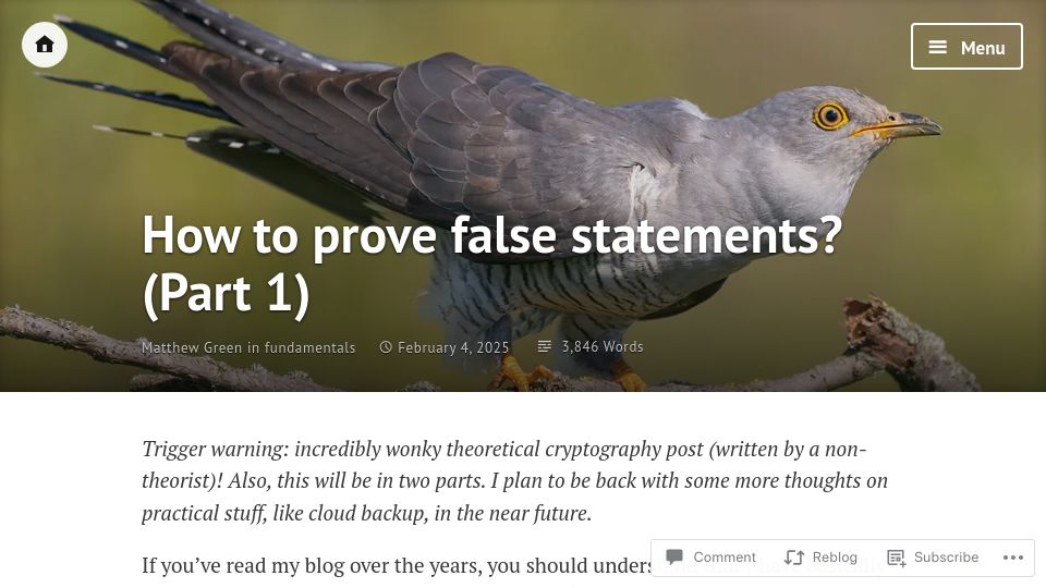 Screenshot of blog.cryptographyengineering.com: How to prove false statements? (Part 1)