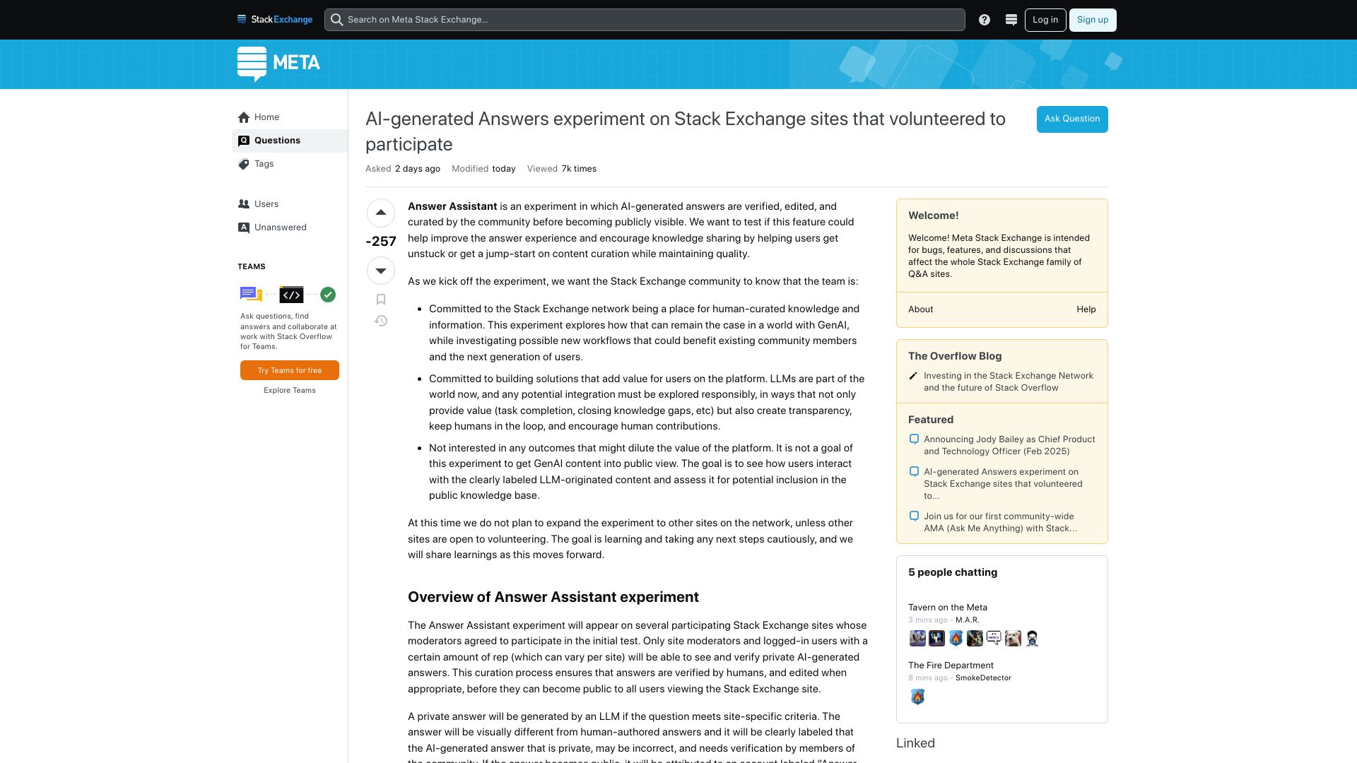 Screenshot of meta.stackexchange.com: AI-generated Answers experiment on Stack Exchange sites