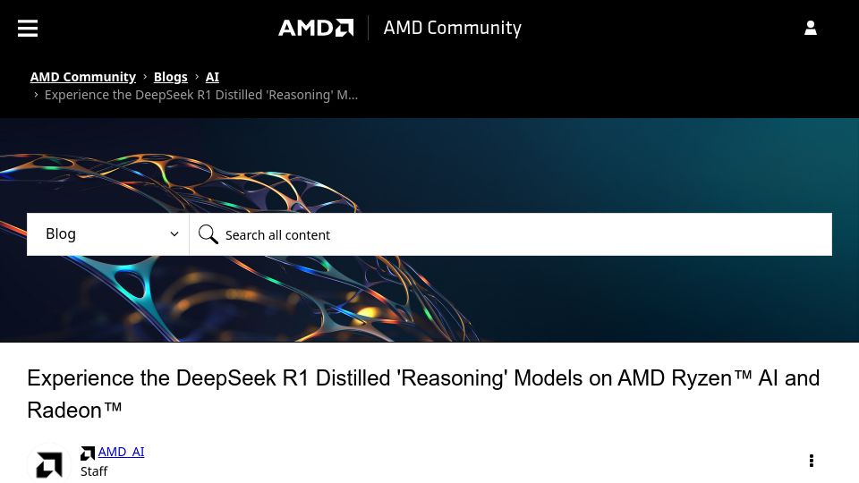 Screenshot of community.amd.com: Experience the DeepSeek R1 Distilled 'Reasoning' Models on Ryzen AI and Radeon