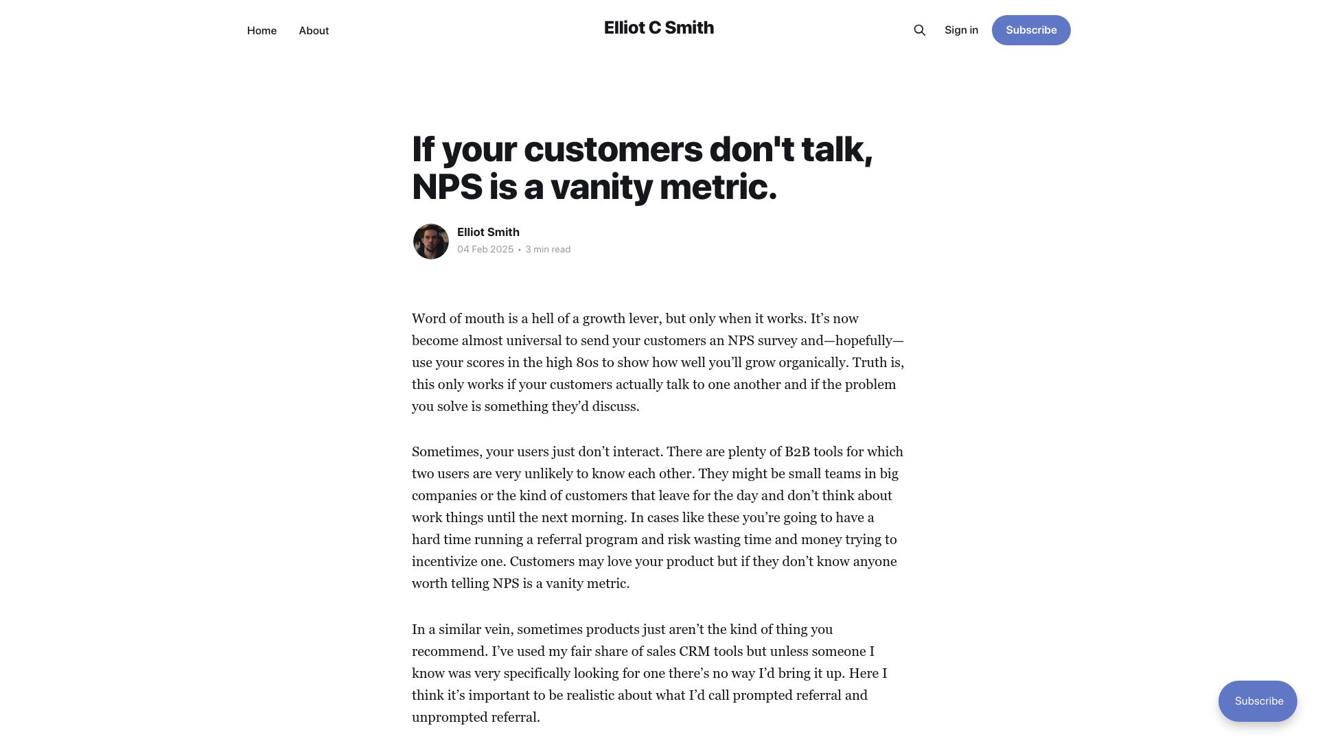Screenshot of elliotcsmith.com: If your customers don't talk, NPS is a vanity metric