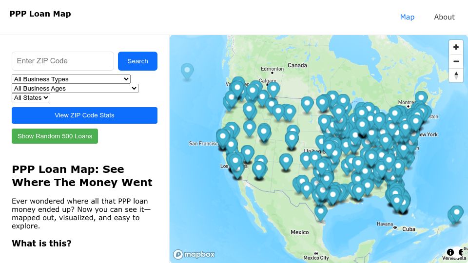 Screenshot of ppploanmap.com: Search PPP Loans by Zip Code