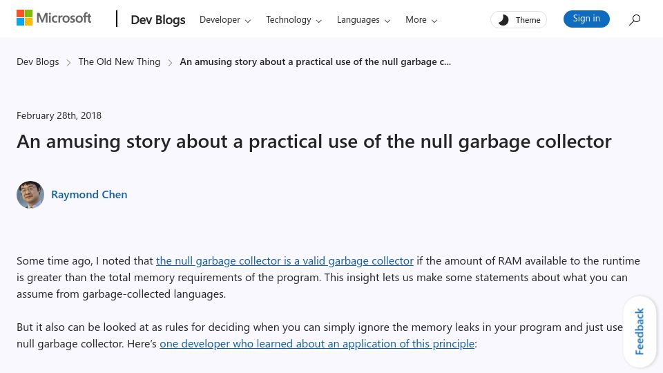 Screenshot of devblogs.microsoft.com: Practical use of the null garbage collector (2018)