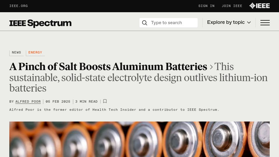 Screenshot of spectrum.ieee.org: Aluminum batteries outlive lithium-ion with a pinch of salt