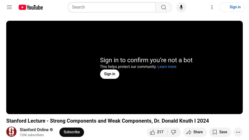 Screenshot of youtube.com: Donald Knuth's 2024 Christmas Lecture: Strong and Weak Components [video]