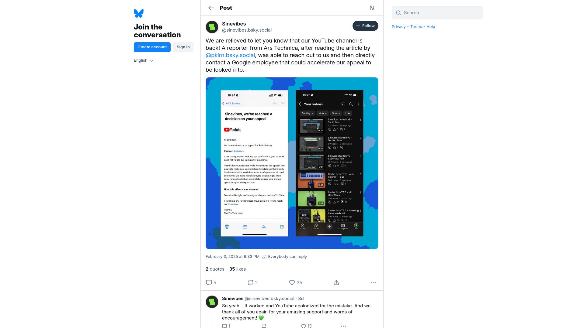 Screenshot of bsky.app: YouTube restores SineVibes channel after Peter Kirn & Ars Technica get involved