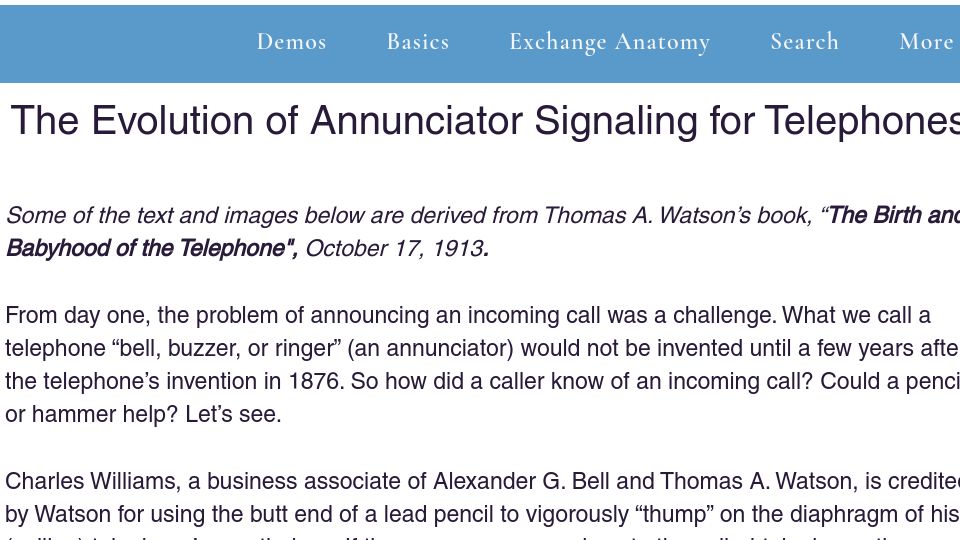 Screenshot of calling315.com: The evolution of annunciator signaling for telephones