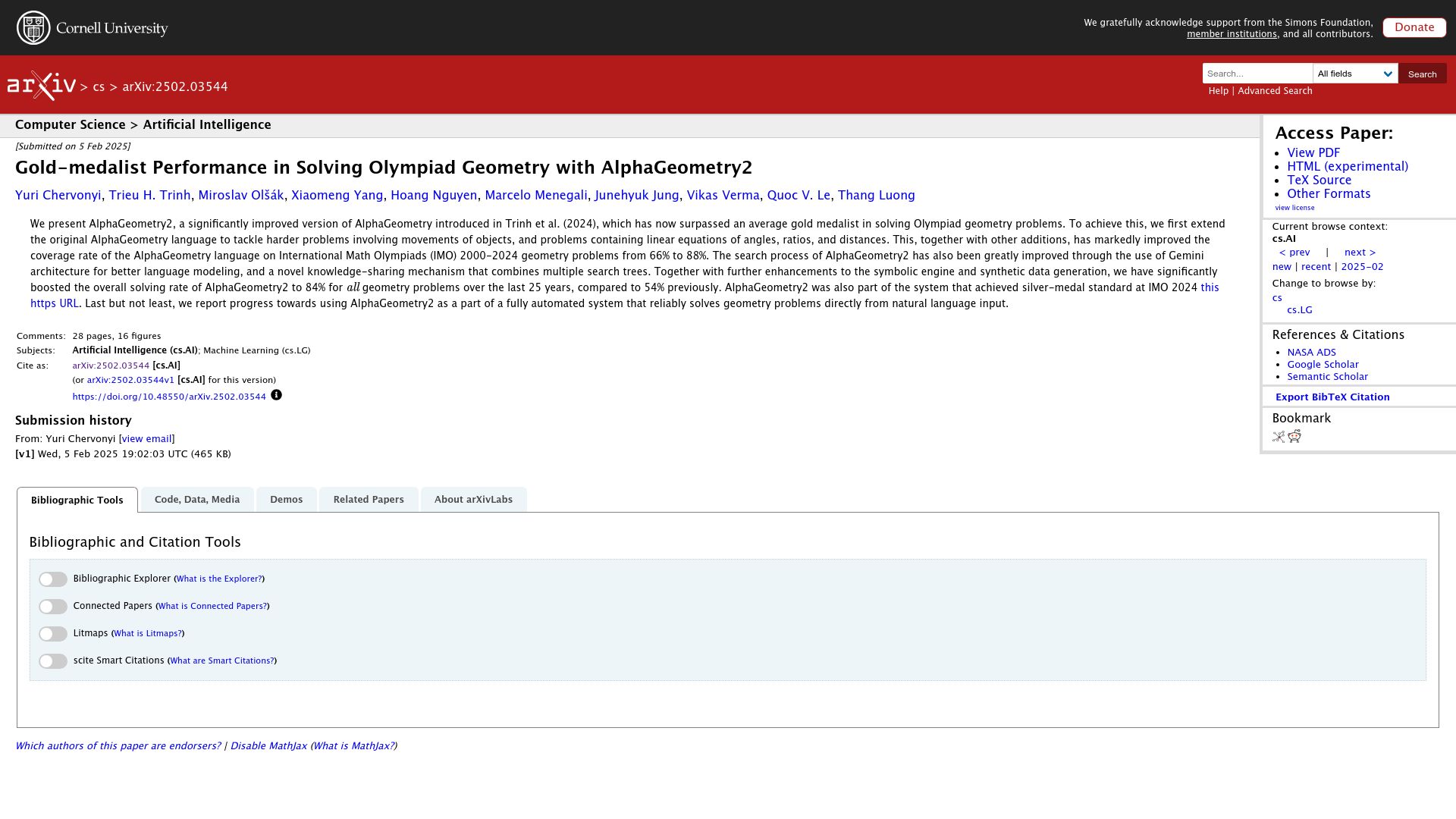 Screenshot of arxiv.org: Gold-Medalist Performance in Solving Olympiad Geometry with AlphaGeometry2