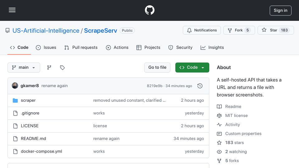 Screenshot of github.com: Show HN: An API that takes a URL and returns a file with browser screenshots