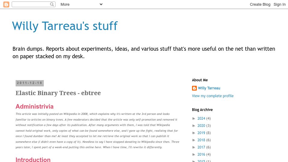 Screenshot of wtarreau.blogspot.com: Elastic Binary Trees (2011)