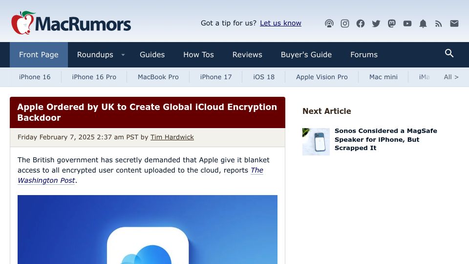 Screenshot of macrumors.com: Apple ordered by UK to create global iCloud encryption backdoor