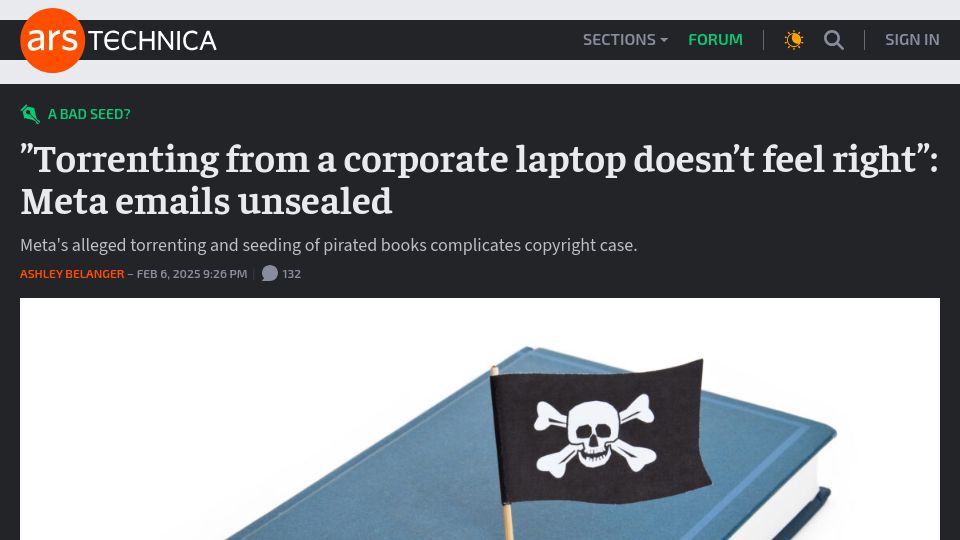 Screenshot of arstechnica.com: Meta torrented & seeded 81.7 TB dataset containing copyrighted data