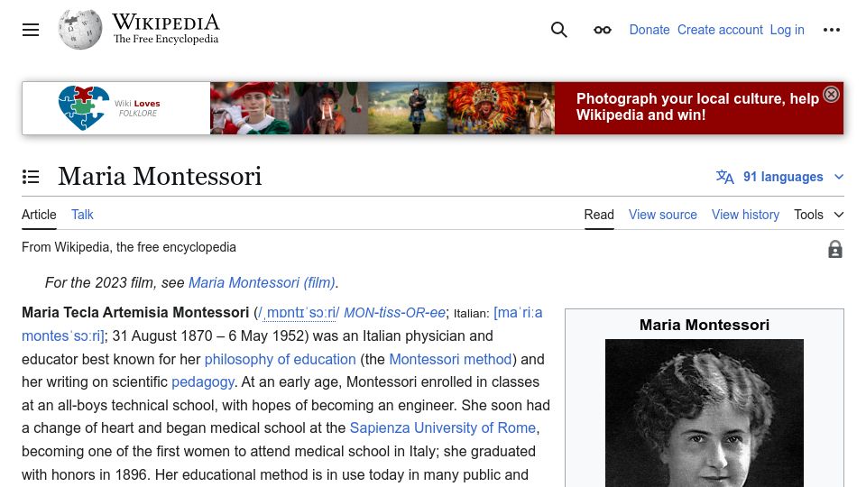 Screenshot of en.wikipedia.org: Maria Montessori