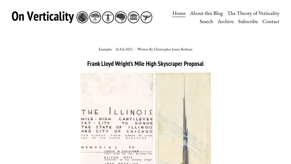 Screenshot of onverticality.com: Frank Lloyd Wright's mile high skyscraper proposal (2021)